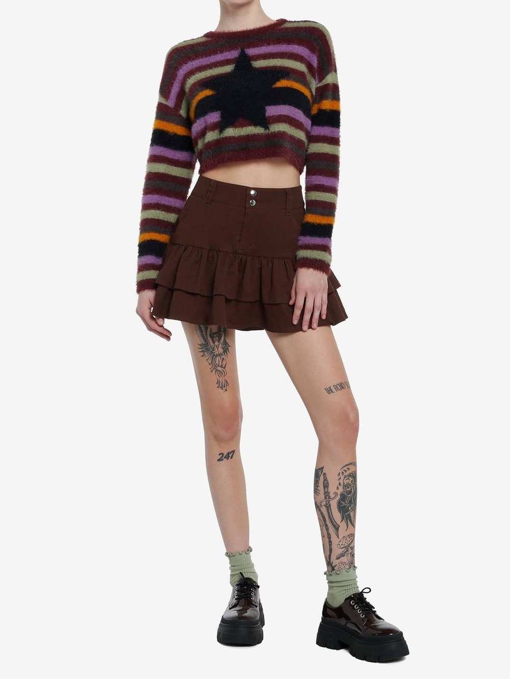 Social Collision 90s Grunge Fuzzy Multicolor Stripe Star  Crop Sweater XL